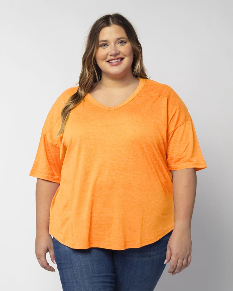 Front of a model wearing a size 3X V-Happy Jersey in Light Orange by chicka-d. | dia_product_style_image_id:289410